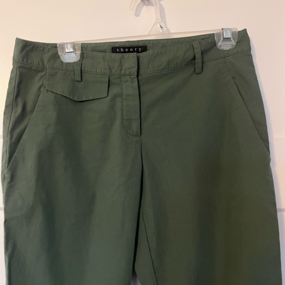 Theory Women's Olive Green Chinos 100% Cotton Size 4 Cuffed Straight Leg Preppy - Picture 3 of 11